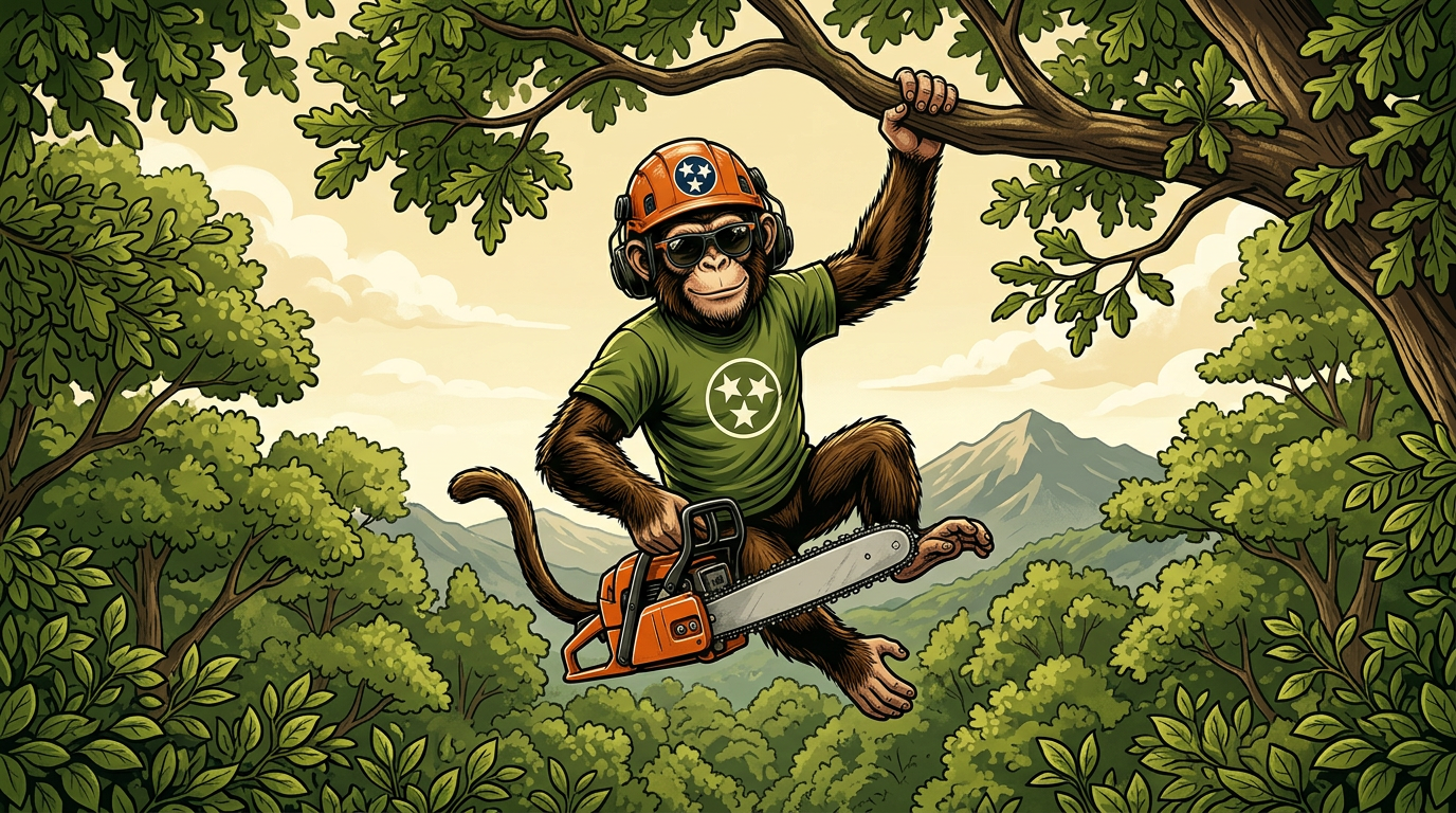 Cartoon monkey arborist swinging through trees with chainsaw